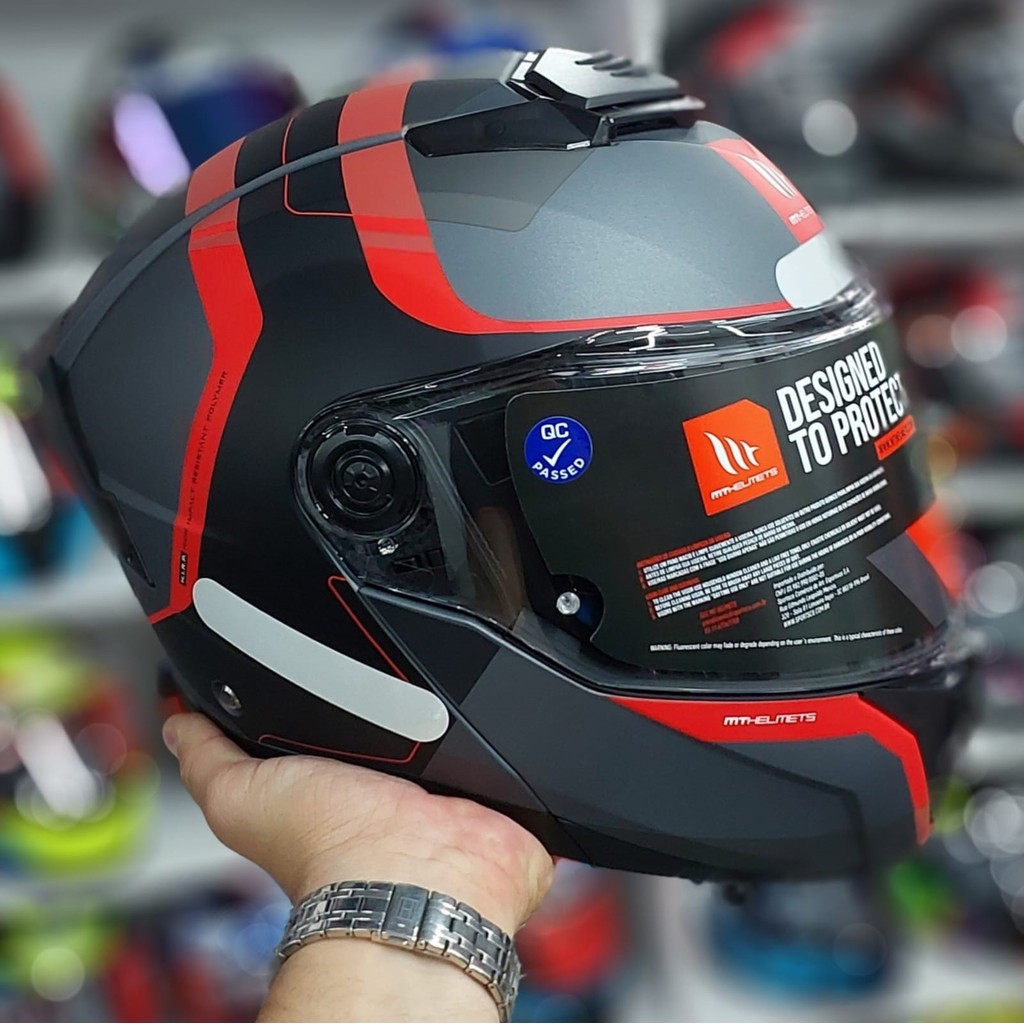 Capacete MT Helmets Atom 2 Emalla B15 Preto Cinza Fosco Vermelho Escamoteável Articulado Robocop