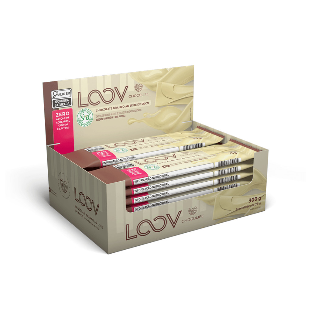 Caixa Tablete Chocolate Loov Branco Zero Açúcar 12 Unidades Chocolife
