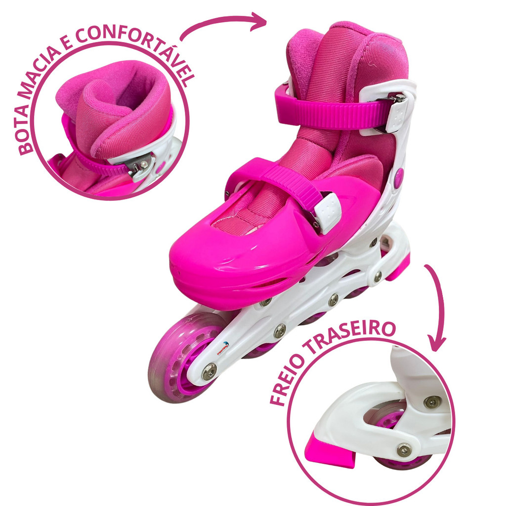 Detalhes do Patins 4 Rodas Inline Com Kit De Protecao Rosa M 35 A 38