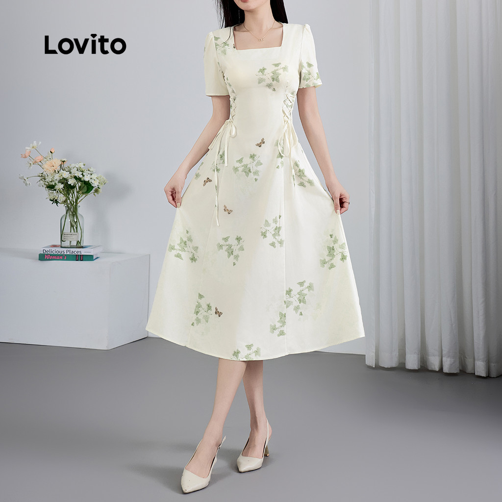Detalhes do Lovito Refine Vestido Feminino Floral Delicado com Laço para Verão e Primavera L128ED543