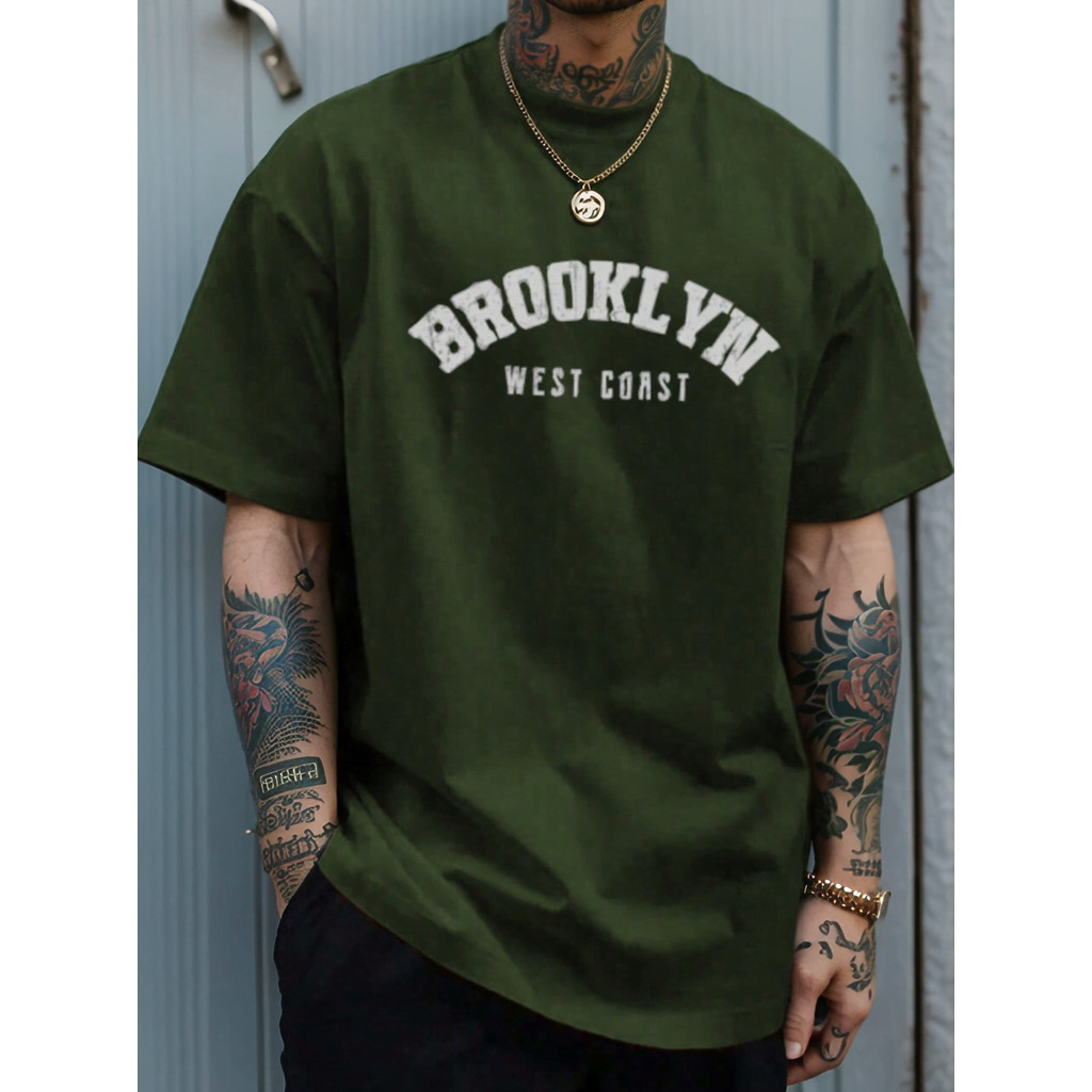 Camiseta masculina overside manga curta estampada brooklyn moda masculina academia despojada coleção 2025 fitness