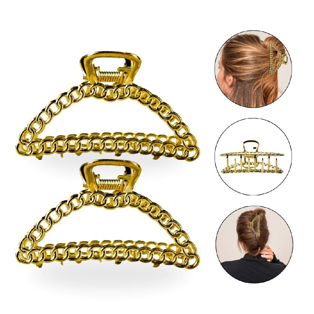 Kit 2 Presilhas de Metal Grande Meia Lua Correntes Dourada Presilha Cabelo Penteado Look Acessório Coque