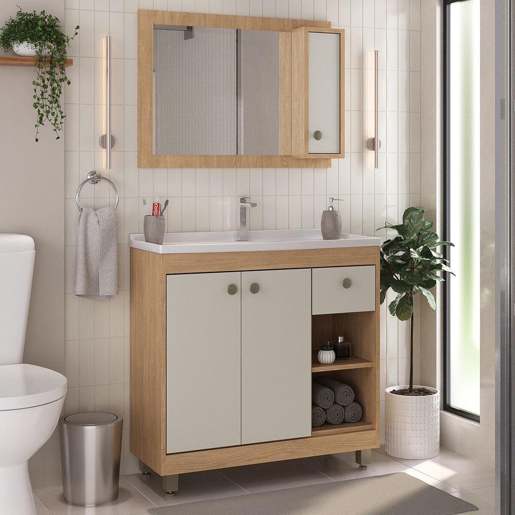 Gabinete de Banheiro com Cuba e Espelheira 80cm Multimóveis CR10134 em Oferta na Shopee