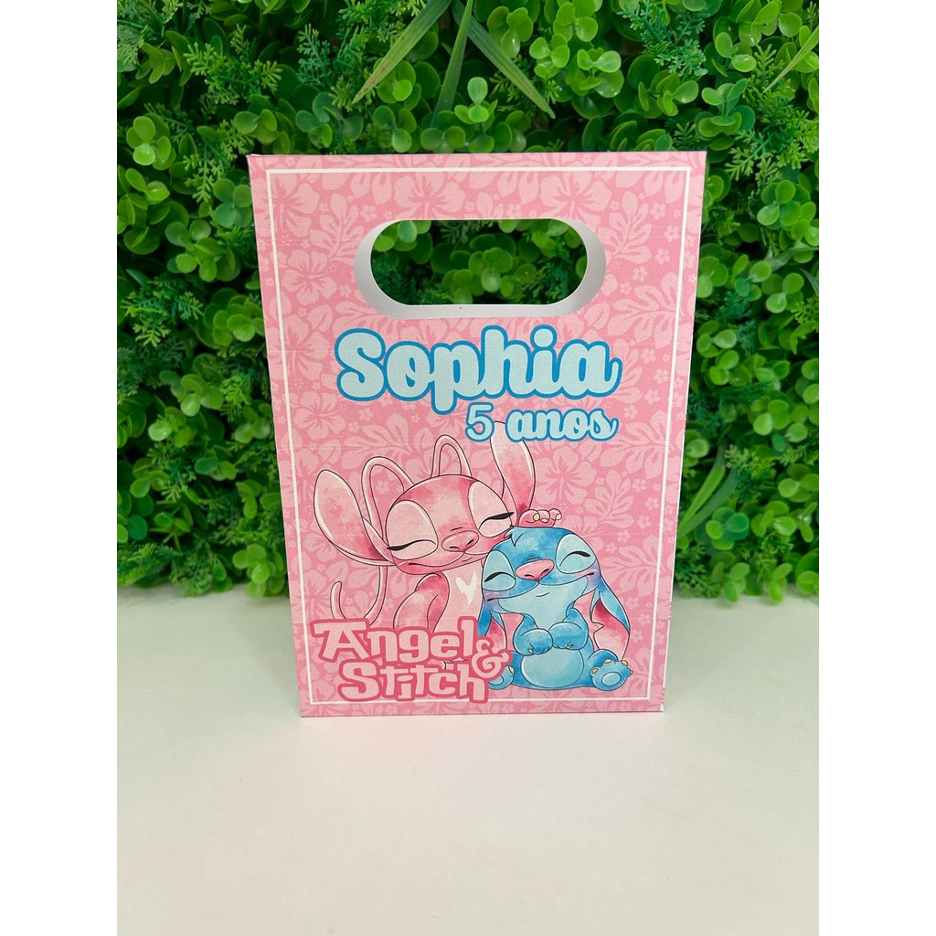 Kit Sacola Papelaria Personalizada Lilo Stitch Angel Sacolinha de Lembrancinha Caixinha para Festa