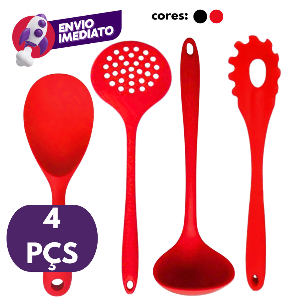 Kit 04 Pç Em Silicone Maciço Jogo Colher Peq Escumadeira Universal Pegador Massas Concha Feijão