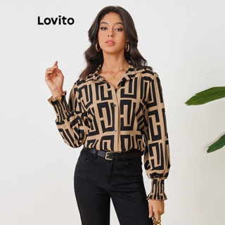 Lovito Blusa frontal casual com botões geométricos para mulheres LBL10155