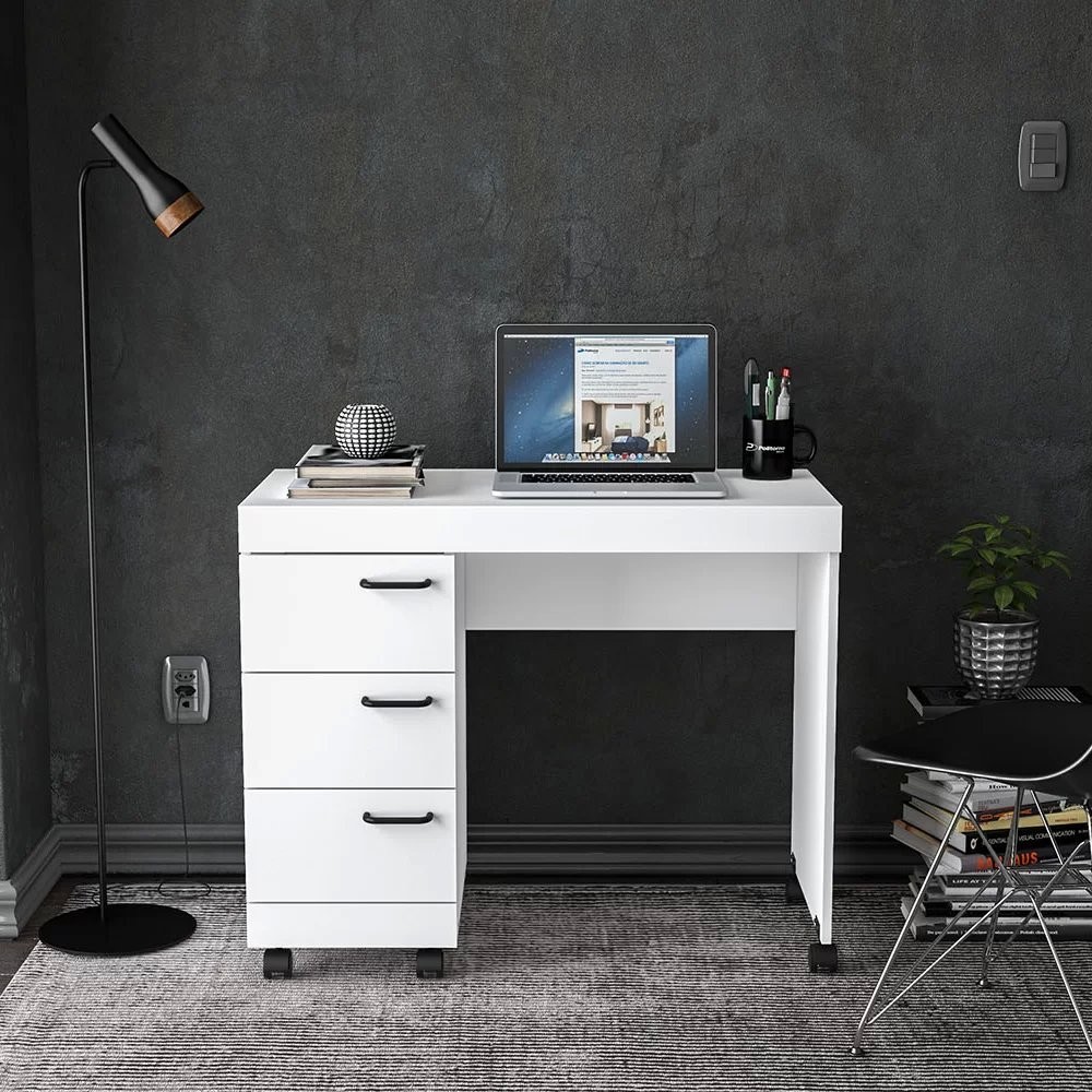 Escrivaninha Mesa Escritório 90cm 3 Gavetas Osaka Branco em Oferta na Shopee