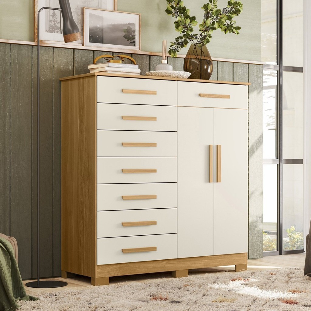 Cômoda 8 Gavetas 2 Portas com Cabideiro Verona Cinamomo/Off White em Oferta na Shopee