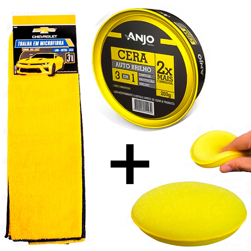 Kit Limpeza Automotiva Flanela De Microfibra + Cera Automotiva 200g + Aplicador De Cera Carro Moto