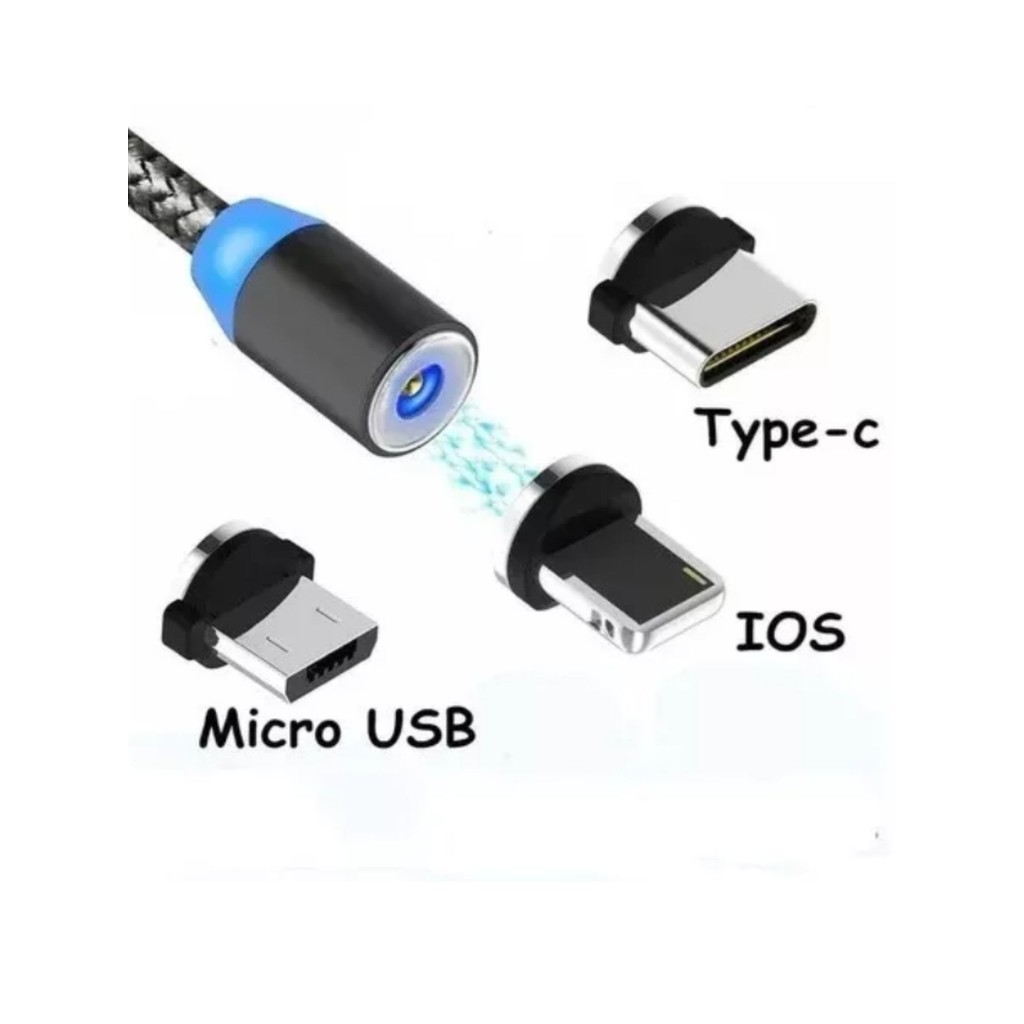 Cabo Carregador Magnético Usb 3 Em 1 Tipo C/ Led Ios Android