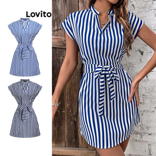 Lovito Vestido Listrado com Amarração para Mulheres LBE04056 (Azul)