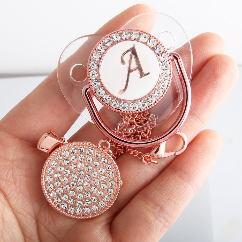 26 Nome Cartas Iniciais Rose Gold Baby Pacifier Recém-Nascido Chupeta