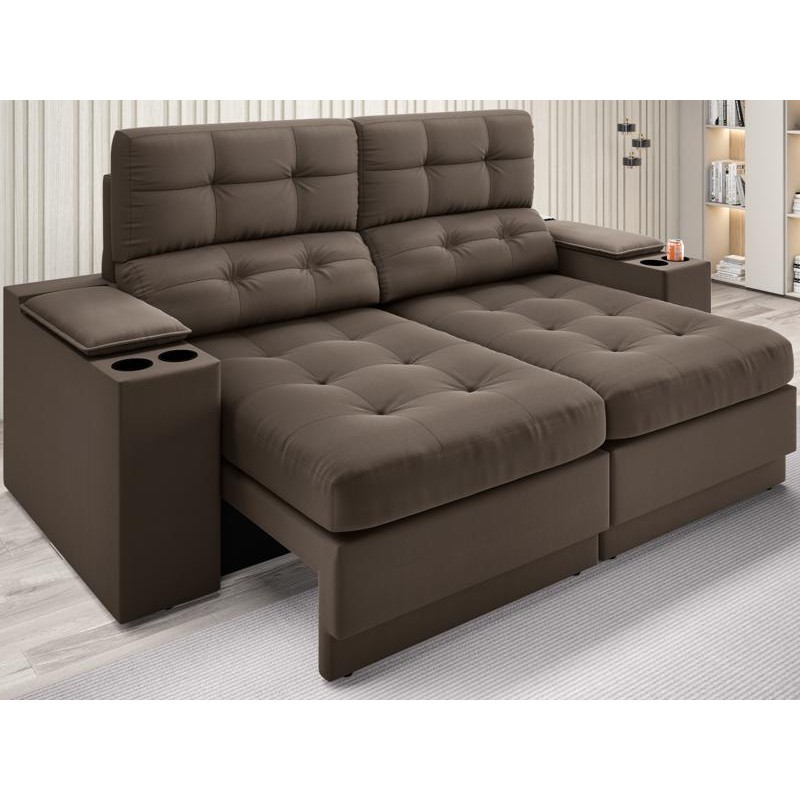 Sofá com Porta Copos e Carregador USB Eureka 1,70m Assento Retrátil e Reclinável Velosuede Marrom - NETSOFAS em Oferta na Shopee