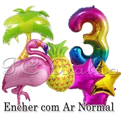 Kit 7 Balão Metalizado Coqueiro Flamingo Abacaxi + 1 N° 40CM DEGRADÊ + Estrela 22cm 2 PINK 1 DOURA