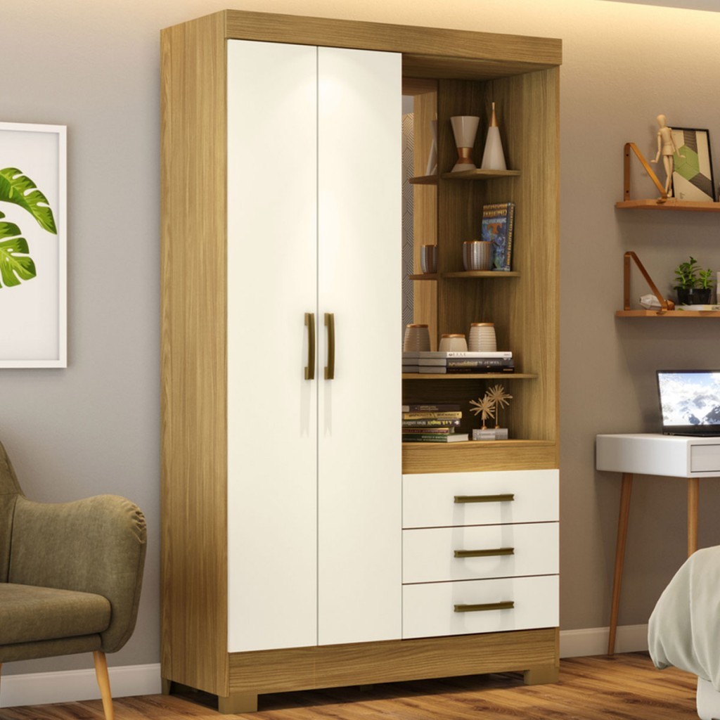 Guarda-Roupa Solteiro Pequin 2 Portas 3 Gavetas com Espelho em Oferta na Shopee