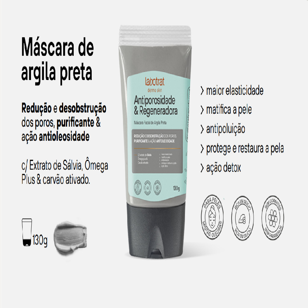 Detalhes do Mascara facial argila preta anti porosidade e regeneradora dermo skin 130G labotrat