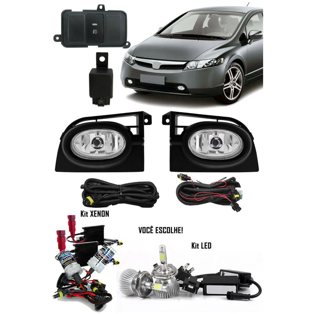 Kit Farol de Milha Neblina New Civic 2006 2007 2008 + Kit Xenon 6000K 8000K ou Kit Lâmpada LED 6000K