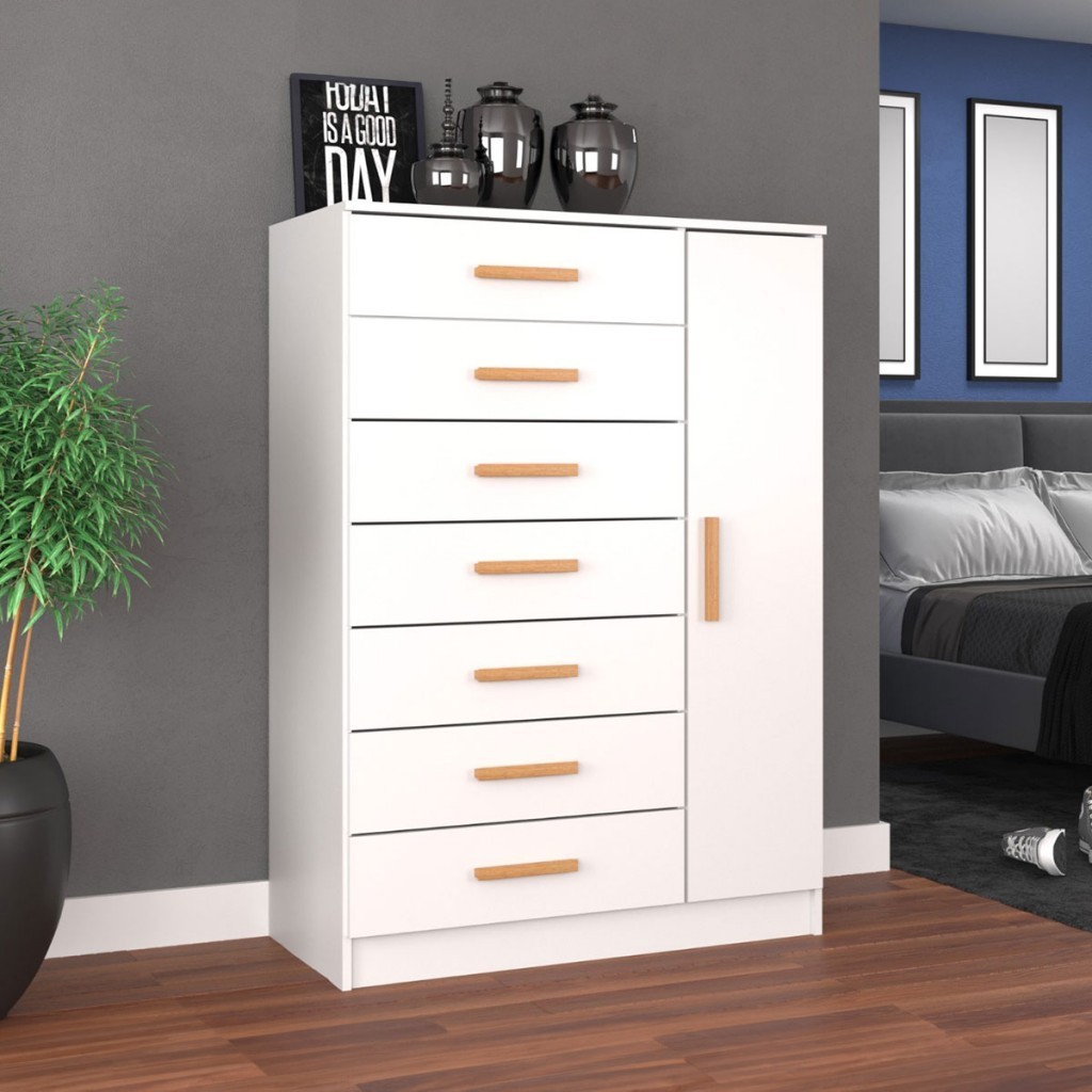 Cômoda New Mônaco 1 Porta 7 Gavetas Branco - Evidência Móveis - Home & Living