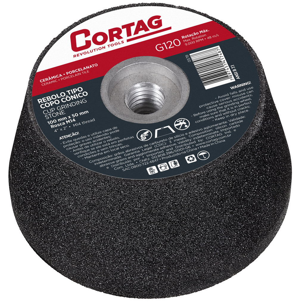 Rebolo Copo Cônico Grão 120 Cortag 100mm para Mármore Granito Cerâmica e Porcelanato