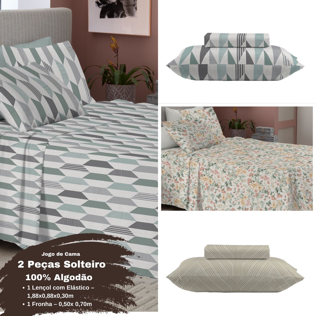 Jogo de Cama Solteiro 2 Peças: Lençol com Elástico + Fronha 100% Algodão Estampado Camesa em Oferta na Shopee