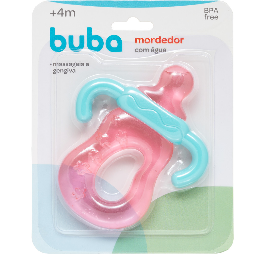Mordedor de Água para Bebê Buba Mamadeira Rosa Gelado Alivia Dor da Gengiva Dente Bebe Menina