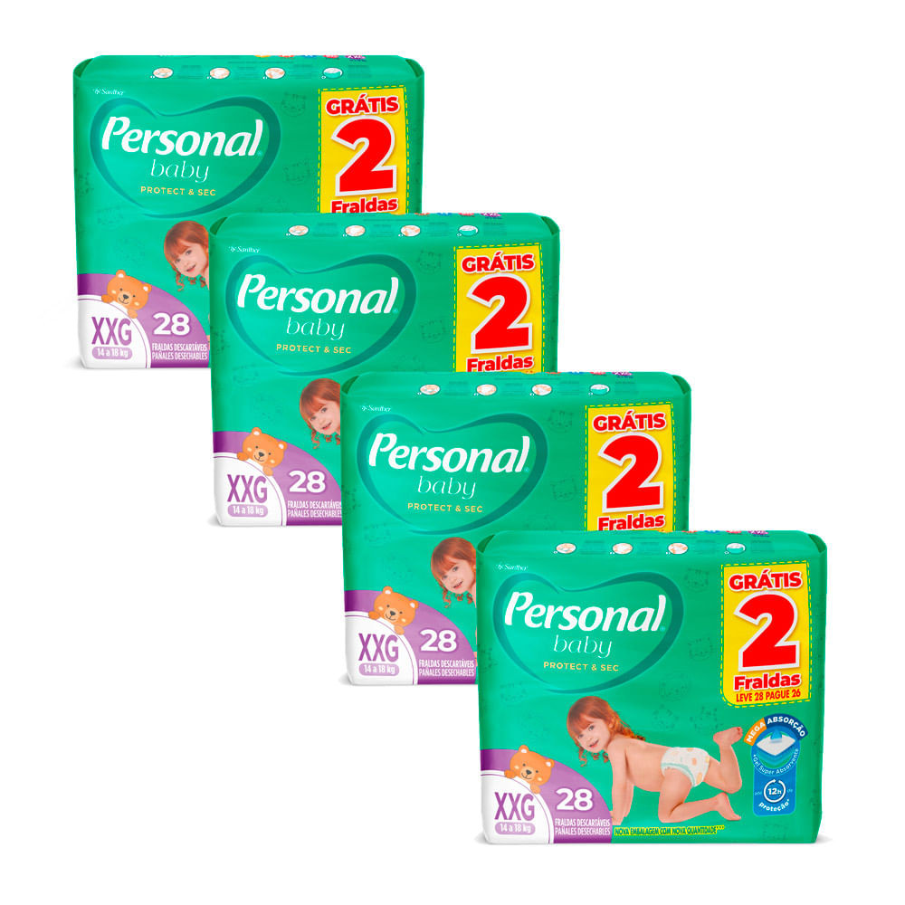 Kit 4 Fralda Personal Baby Protect & Sec Tamanho XXG Leve 28 Pague 26 Fraldas Descartáveis - Mom & Baby