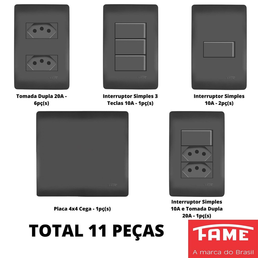 11un Tomadas Interruptores Com Placa 4x2 4x4 Habitat Black Preto FAME K38