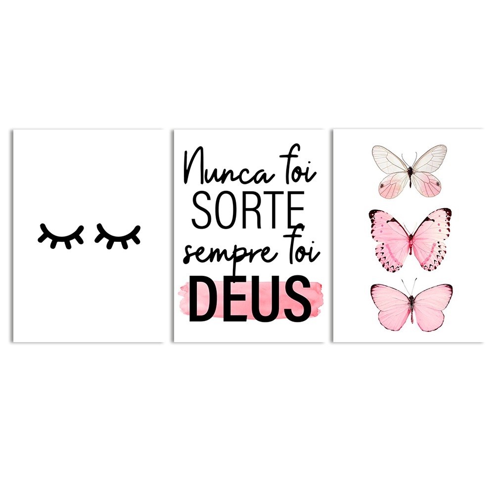Kit Quadros Decorativos 3 Peças - Nunca Foi Sorte Sempre Foi Deus Quadro Religioso Motivacional