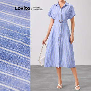(Lovito Refine) Vestido Boho Listrado Botão Cinto Colorblock para Mulheres LR1LD026 em Oferta na Shopee