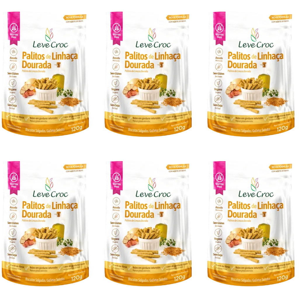Kit 6 Biscoito Palito Salgado Linhaça Dourada 120g Leve Croc