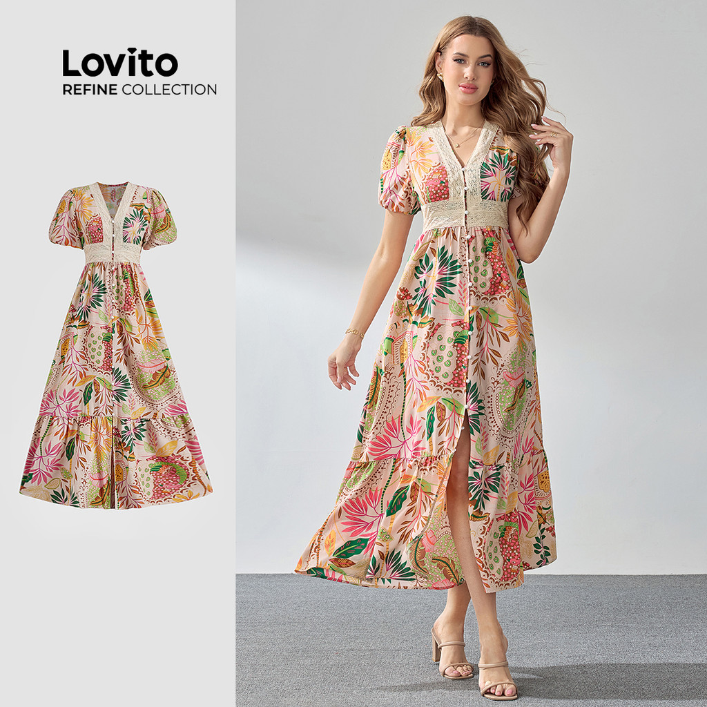 (Lovito Refine) Vestido Casual Verão/Primavera Floral Babado Pescoço Botão Vestido Midi Para Mulheres LR2LD050 - Women Clothes