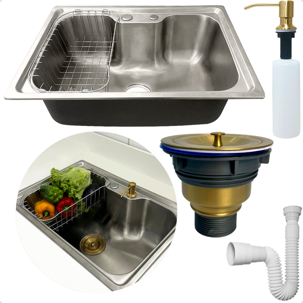 Cuba Gourmet Inox 304 Pia Cozinha 60x42 Cesto Escorredor Dispenser 500ml Dourado Valvula E Sifão