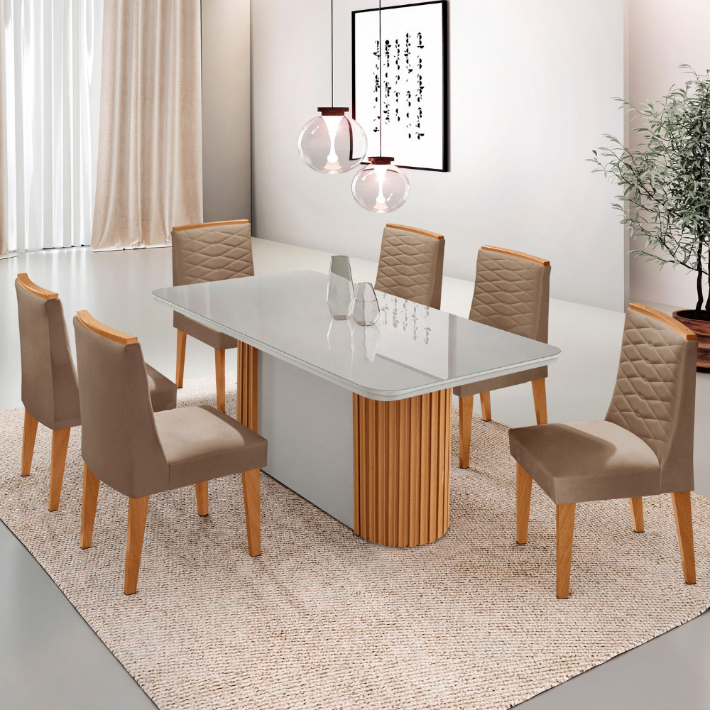 Mesa de Jantar Aspen 180cm Tampo MDF Vidro Canto Copo com 6 Cadeiras Eloise Moderna Mobília