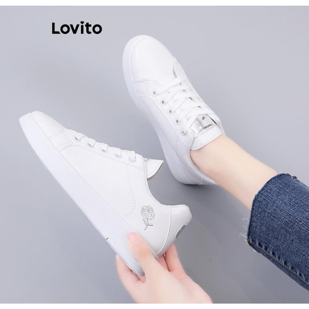 Lovito Tênis Esportivos Sapatos Brancos Lisos Versátil Simples Tênis De Correspondência Diária Para Mulheres LFA60359 - Women Shoes