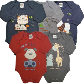 Kit com 5 Bodys Bebê Manga Longa Estampado Mamãe Inteligente em Oferta na Shopee
