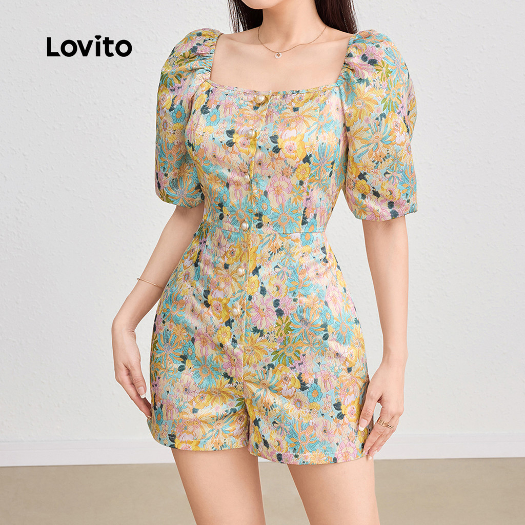 Detalhes do Lovito Macacão Feminino Boho Floral com Botões L124AD365