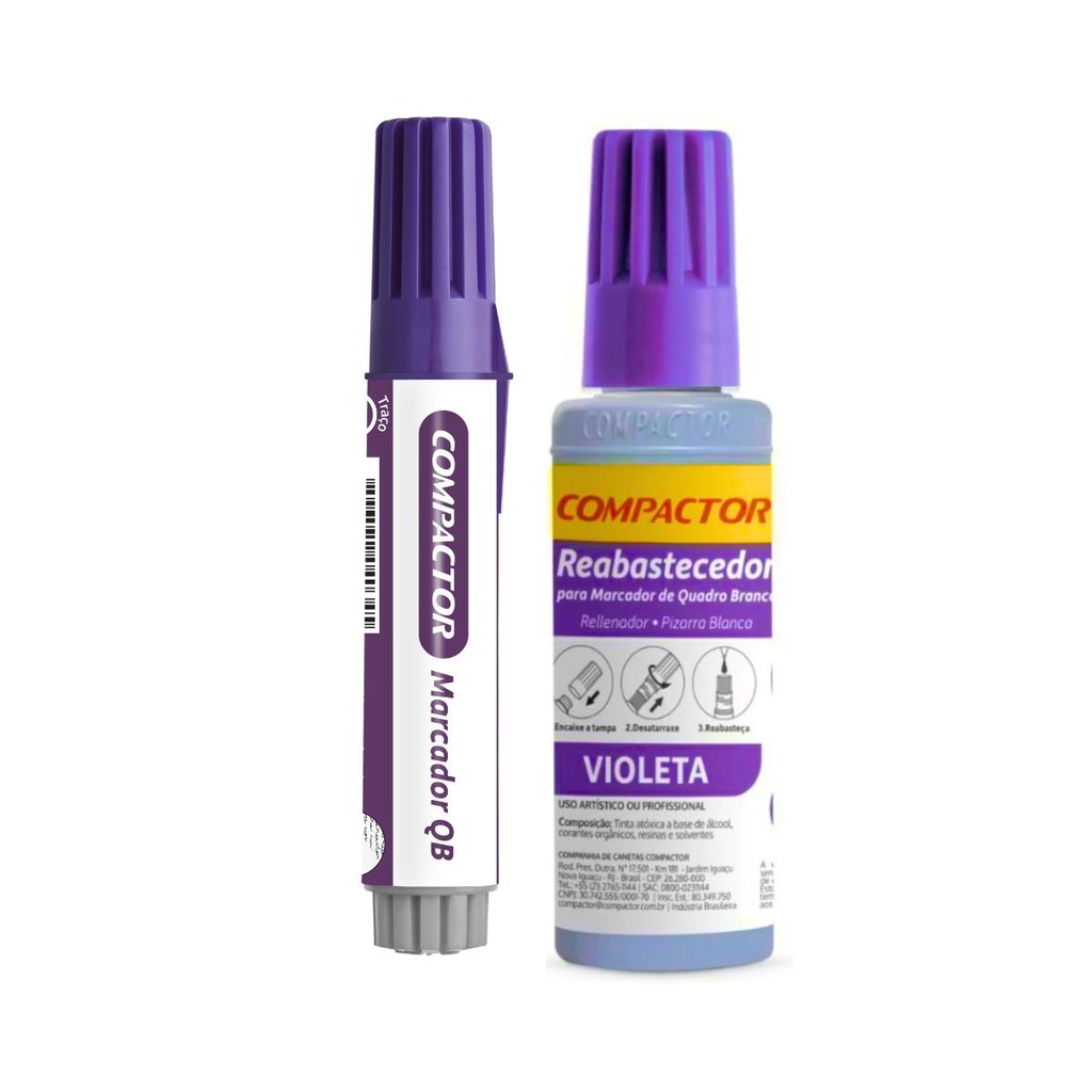KIT MARCADOR DE QUADRO BRANCO + REFIL REABASTECEDOR COMPACTOR - VIOLETA em Oferta na Shopee