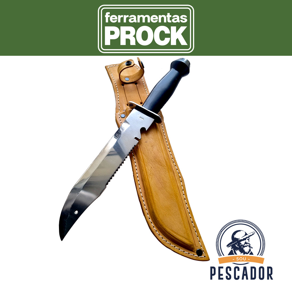 Faca (Rambo) Militar,Tática, Caça, Pesca Inox com Serra, Contra Fio e Bainha de Couro Legítimo, Cutelaria Nacional, Ferr