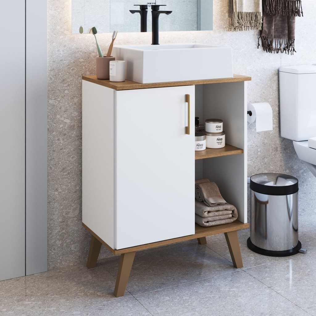 Gabinete para Banheiro 60cm com 1 Porta e 2 Prateleiras Ba305 sem Cuba Branco/Mel em Oferta na Shopee