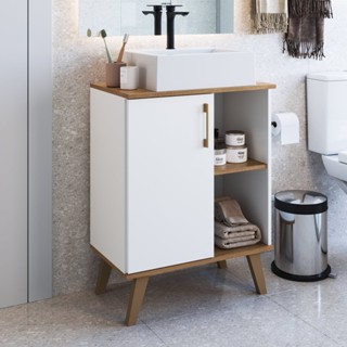 Gabinete para Banheiro 60cm com 1 Porta e 2 Prateleiras Ba305 sem Cuba Branco/Mel em Oferta na Shopee