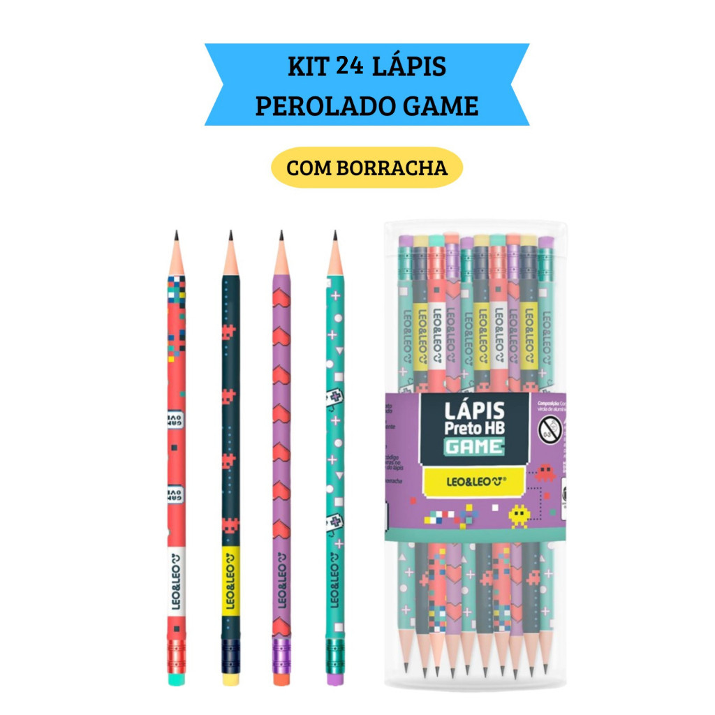 Kit 24 Lápis de Escrever HB Game com Borracha  Escolar  Leo&Leo