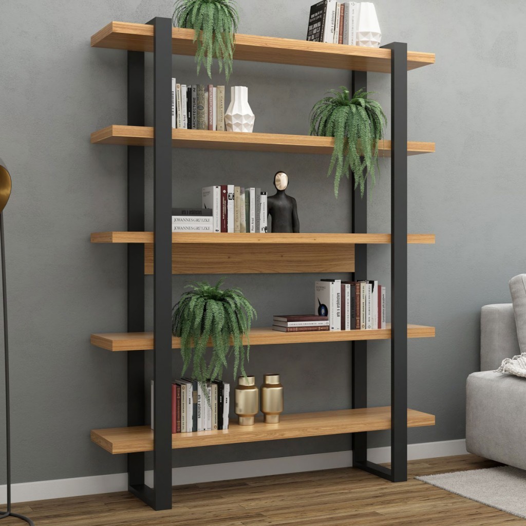 Estante para Livros 100% Mdf Industrial Concept 5 Prateleiras Freijó/Preto - Panorama Móveis em Oferta na Shopee