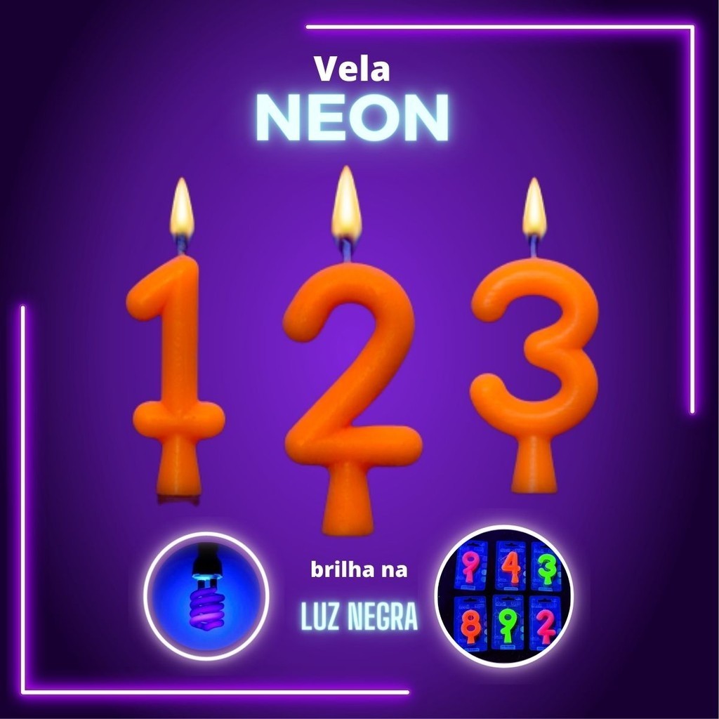 Vela Neon Aniversário Neon Brilha na Luz Negra 0 a 9