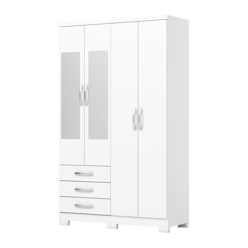 Detalhes do Guarda-roupa Solteiro 4 Portas 3 Gavetas com Espelho Caju Branco