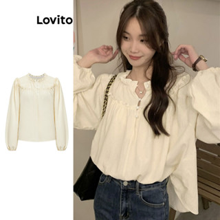 Lovito Blusa Casual com Botões Frontais e Pérolas para Mulheres LNE36297 (Bege)