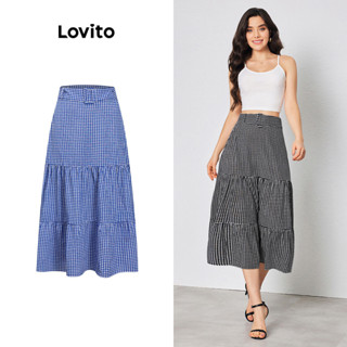Lovito Saia de Camadas com Cinto Xadrez Lisa Casual para Mulheres LBL08077