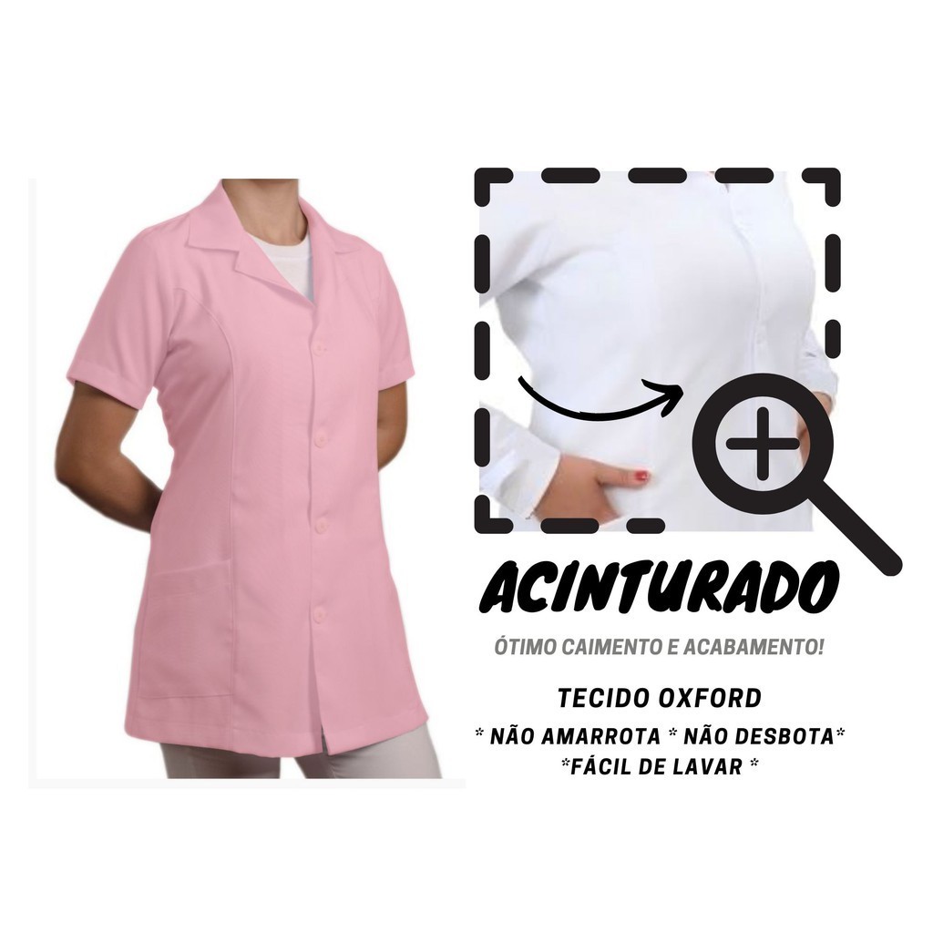 JALECO FC Acinturado Feminino Manga Curta Oxford  Preto Rosa Branco Melhor preço