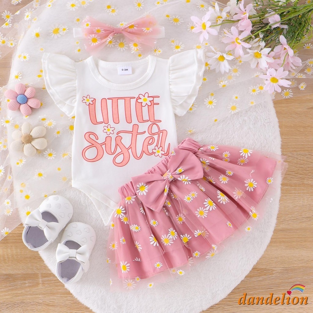 Baby Girl Summer 3pcs Outfits Carta Imprimir Manga De Mosca Romper Daisy Print Saias Fita De Cabeça Conjunto De Roupas Infantis