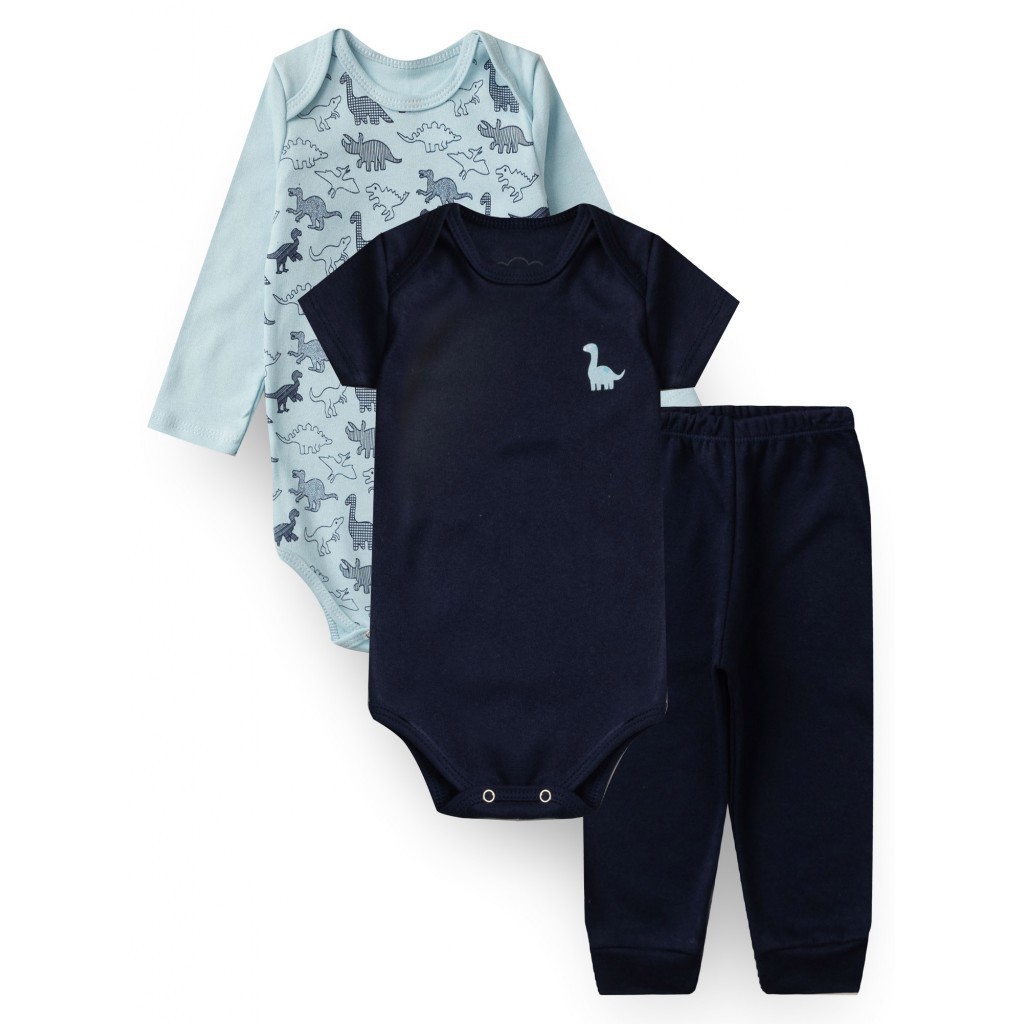 Kit Body Mijão/Calça/Pagão Bebê Menino Suedine Dinos Azul