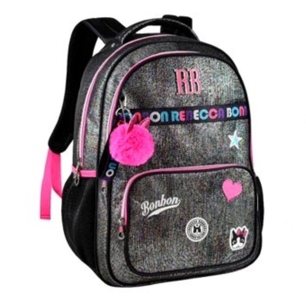 Mochila Escolar S/ Roda Gde Preta Brilho RB3213 Rebeca Bonbon Clio